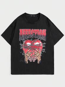 Studio Chunk ROMWE MEN Men Letter & Heart Print Tee - Black - View 1