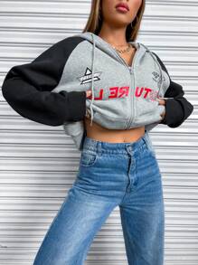 Flirla Capucha con estampado de letra de manga raglán con cordón cremallera
