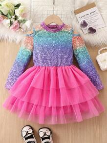 SHEIN Cô Gái Trẻ Bóng Vai lạnh Lưới Hem Đầm - Hồng - Xem 1