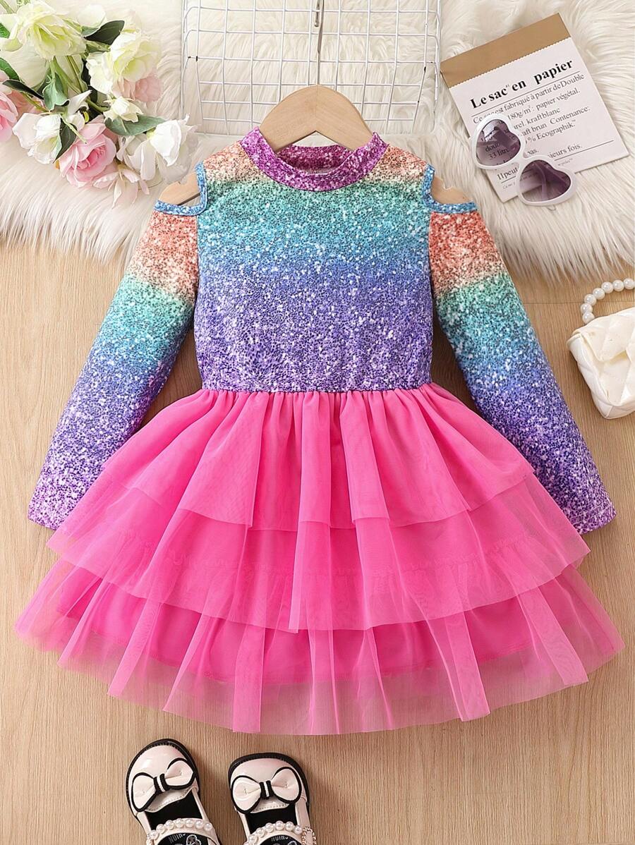 SHEIN Cô Gái Trẻ Bóng Vai lạnh Lưới Hem Đầm - Hồng - Xem 1