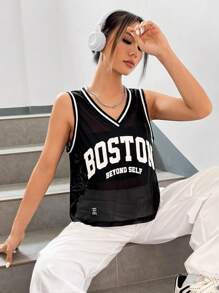 SHEIN EZwear Top tank con estampado de letra ribete de rayas - Negro - Ver 6