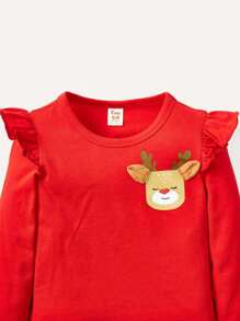 Baby Girl Cartoon Graphic Ruffle Trim Tee for Christmas - Red - View 5