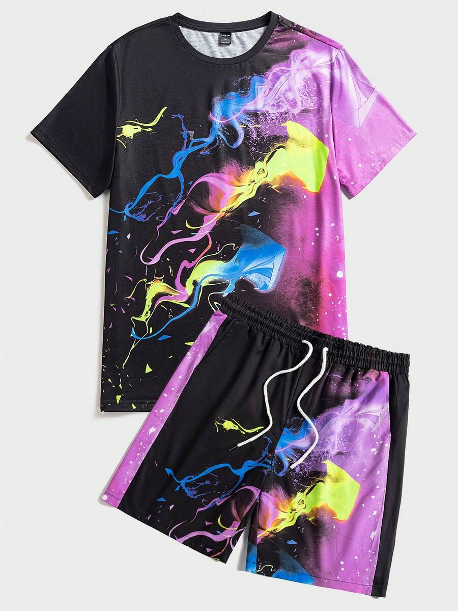 GENTILAND Men Graphic Print Tee & Drawstring Waist Shorts - Pink - View 1