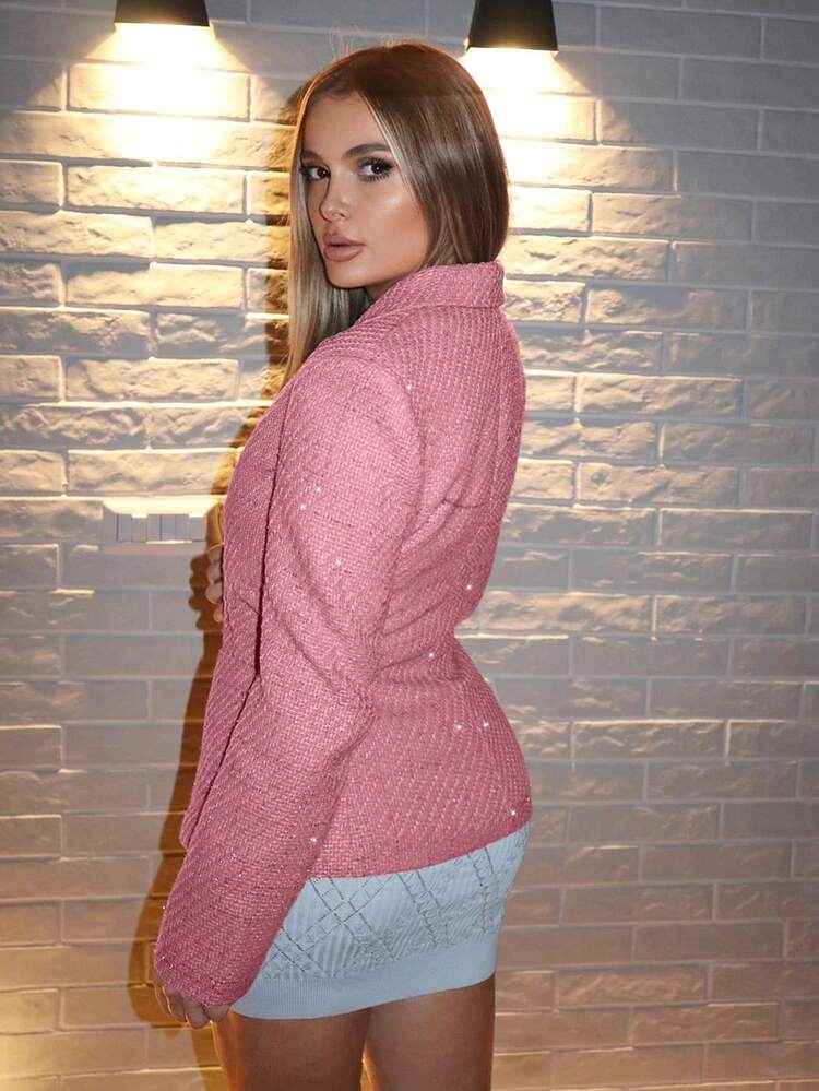 Lapel Neck Button Front Tweed Blazer