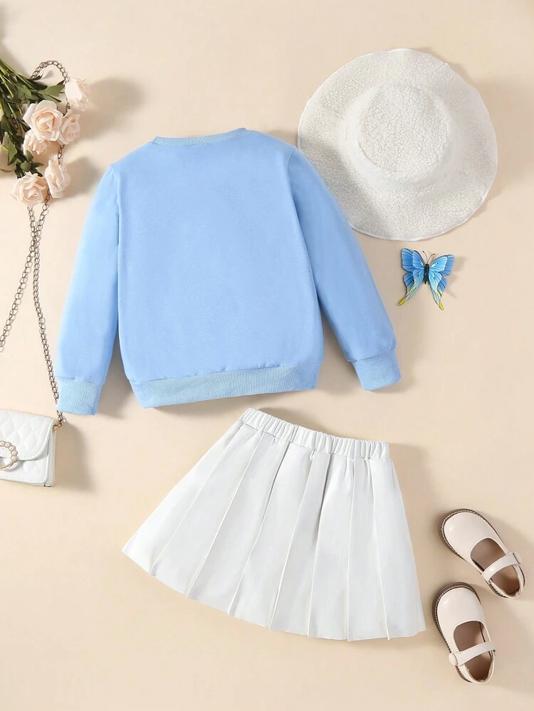 ヤングガール 刺繡 スローガンパターン スウェットシャツ & プリーツスカート 帽子付き