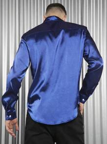 GENTILAND Loose Fit Men's Solid Satin Button-Front Shirt - Navy Blue - View 2