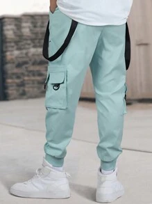 Manfinity EMRG Loose Fit Men's Cargo Pants With Flap Pockets, Side Drawstring Waist - Green - View 2