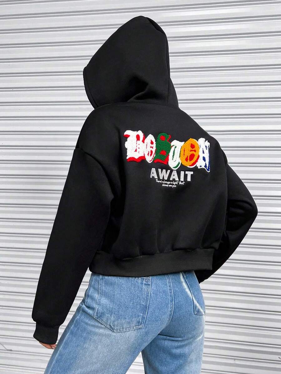 SHEIN Unity 字母图案落肩连帽套头衫秋季卫衣 - 黑色 - 查看 1