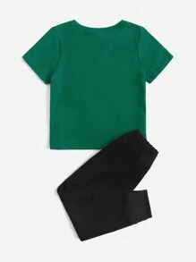 SHEIN Chàng trai trẻ Đồ họa Chữ cái Áo thun & Eo dây rút Quần thể thao - Màu xanh lá cây đậm - Xem 2