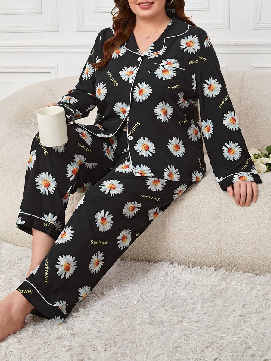 Plus Allover Floral Print Contrast Piping PJ Set / Pajama Set - Black - View 1