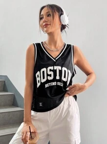 SHEIN EZwear Top tank con estampado de letra ribete de rayas - Negro - Ver 4