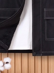 SHEIN Cậu bé Tween Chi tiết Patched thư Khâu trên cùng áo có mũ Lót nhiệt áo Without Tee - màu đen - Xem 3