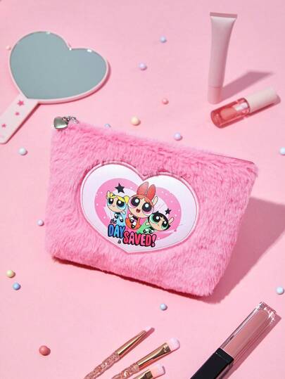 THE POWERPUFF GIRLS X SHEIN 粉色毛绒化妆包带心形图案，卡通图案心形刺绣数码收纳旅行拉链袋，多功能包，礼物