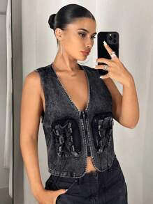 SHEIN ICON 拉鏈開襟短款夾克背心 - 深灰色 - 查看 6