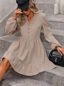 SHEIN LUNE Đầm Nút Viên lá sen màu trơn Giải trí - Màu Khaki - Xem 6