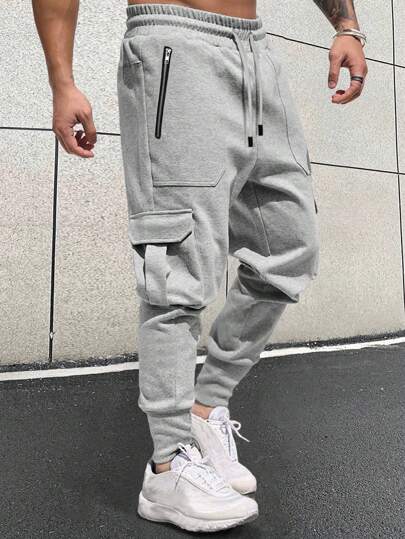 Manfinity Homme Loose Men's Flap Pocket Side Drawstring Elastic Waistband Sweatpants Long Cargo Plain Light Grey Going Out Casual