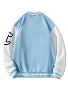 Aesthetic Post 男士字母圖案雙色條紋飾邊學院風夾克 - 淺藍色 - 查看 2