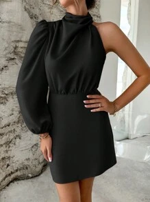 Firerie Asymmetrical Neck Lantern Sleeve Ruched Satin Dress - Black - View 6