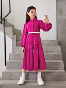 SHEIN Chica preadolescente Vestido camisero de manga farol bajo con fruncido - Rosa Fucsia - Ver 6