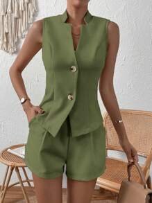 SHEIN Privé Solid Button Front Vest Blazer & Shorts - Army Green - View 1
