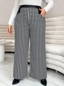 SHEIN Privé Plus Houndstooth Print Wide Leg Pants - Black and White - View 1