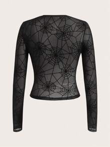 ROMWE PUNK Spider Web Print Contrast Mesh Top - Black - View 2