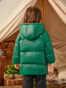 SHEIN 年轻男孩标语贴花连帽棉服外套 - 綠色 - 查看 2