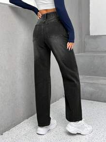 SHEIN PETITE Straight Leg Jeans - Black - View 2