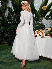 Simplee Women's Mesh Lace Stitching Elegant Dress, Wedding Dress, Spring Style, Bridal Shower Dress,Bride - White - View 2