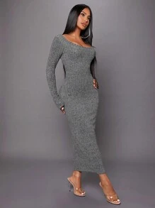 SHEIN SXY 鏤空領口肋編貼身長袖連身裙,派對聚會穿搭、性感時尚生日禮服、情人節派對裝、單身派對裝、春季穿搭 - 灰色 - 查看 5