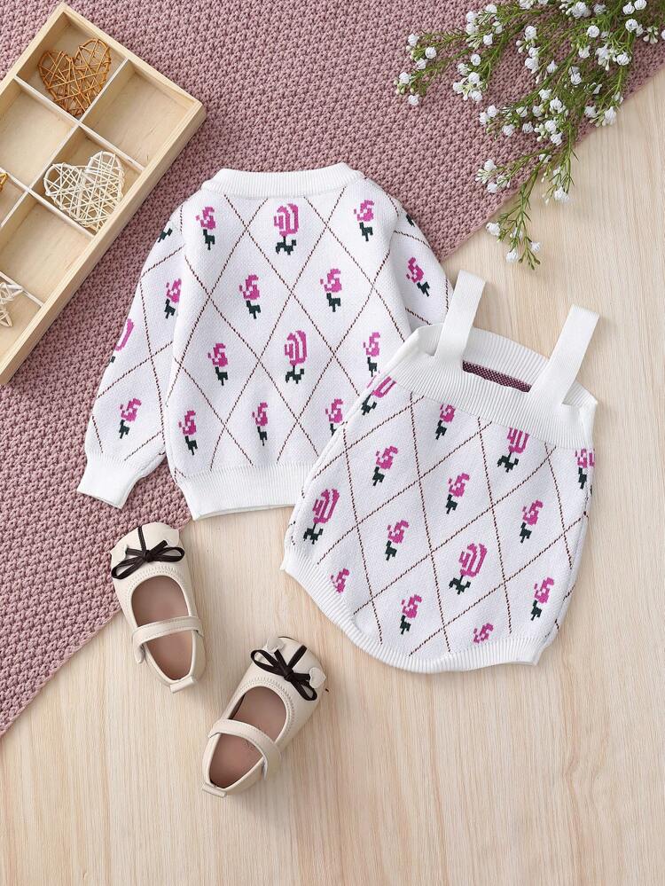 Baby Girl Floral Pattern Cardigan & Cami Knit Bodysuit