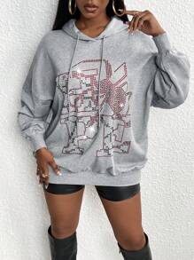 Slaydiva Rhinestone Detail Drop Shoulder Drawstring Hoodie
