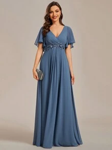 Elegant Winter V-Neck Embroidered Ruffle Sleeve Pleated Chiffon Slate Blue Bridesmaid Dress, Wedding Guest Dress, Semi-Formal Evening Gown, New Year Dress - Dusty Blue - View 4