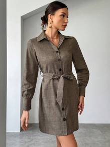 SHEIN Essnce 格紋印花束帶襯衫洋裝