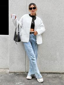 SHEIN Essnce 冬季纯色拉链夹棉大衣 - 白色 - 查看 2