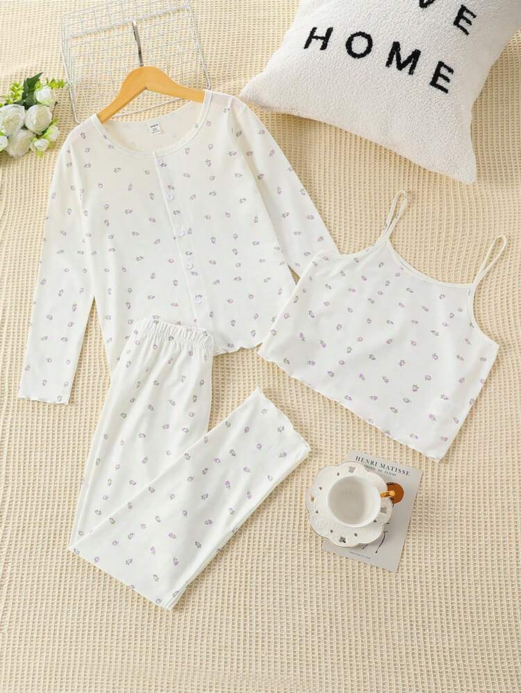 Teen Girl Ditsy Floral Print Cami Top & Pants & Button Front Tee PJ Set