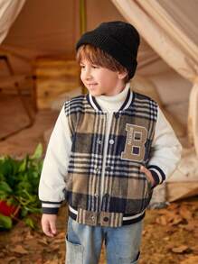 SHEIN Young Boy 1pc Plaid & Letter Graphic Striped Trim Varsity Jacket - Multicolor - View 8