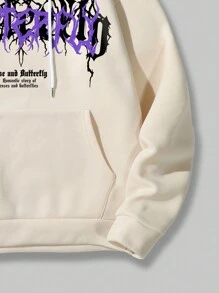 ROMWE MEN Grunge Punk Men Butterfly & Slogan Graphic Drawstring Thermal Lined Hoodie - Beige - View 4