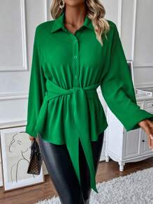 Chiquease Solid Knot Front Button Front Shirt - Green - View 5