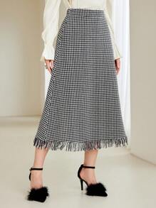 Modelyn Allover Print Fringe Hem Tweed Skirt - Black and White - View 1