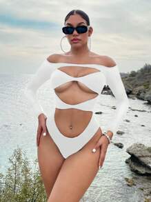 SHEIN SXY Off Shoulder Cut Out Bodysuit - White - View 3