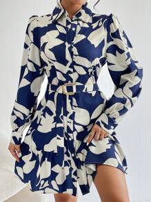 SHEIN Privé 滿版印花腰帶襯衫洋裝 - 藍白色 - 查看 4