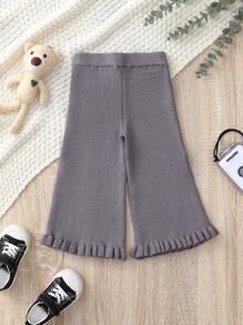 Baby Girl Ruffle Hem Wide Leg Knit Pants - Grey - View 2