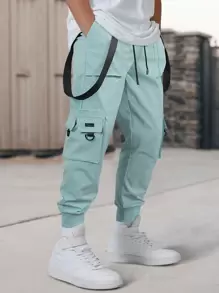 Manfinity EMRG Loose Fit Men's Cargo Pants With Flap Pockets, Side Drawstring Waist - Green - View 1