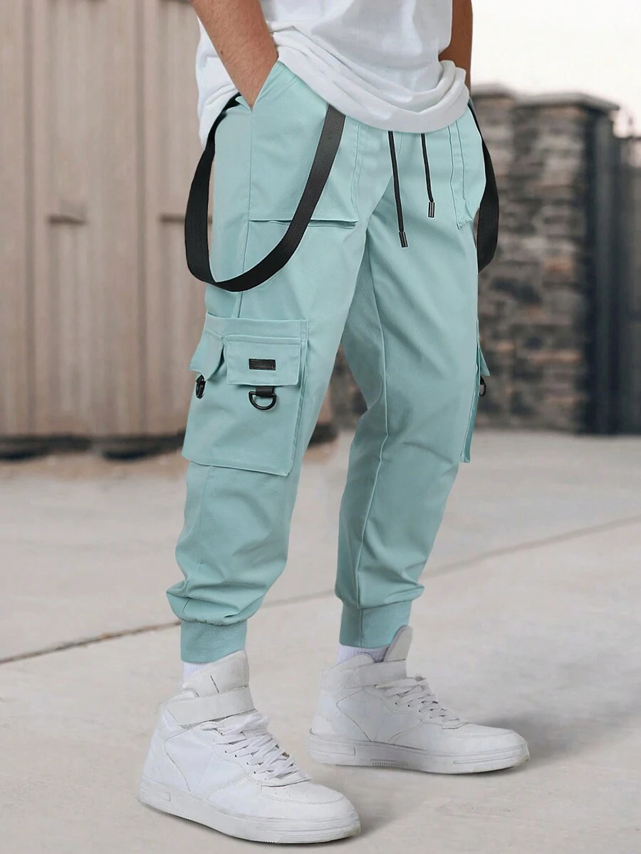 Manfinity EMRG Loose Fit Men's Cargo Pants With Flap Pockets, Side Drawstring Waist - Green - View 1