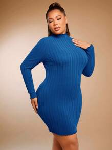 SHEIN SXY Plus Mock Neck Lettuce Trim Ribbed Knit Bodycon Dress - Blue - View 6