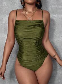SHEIN SXY Ruched Lace Up Backless Cami Bodysuit - Olive Green - View 1