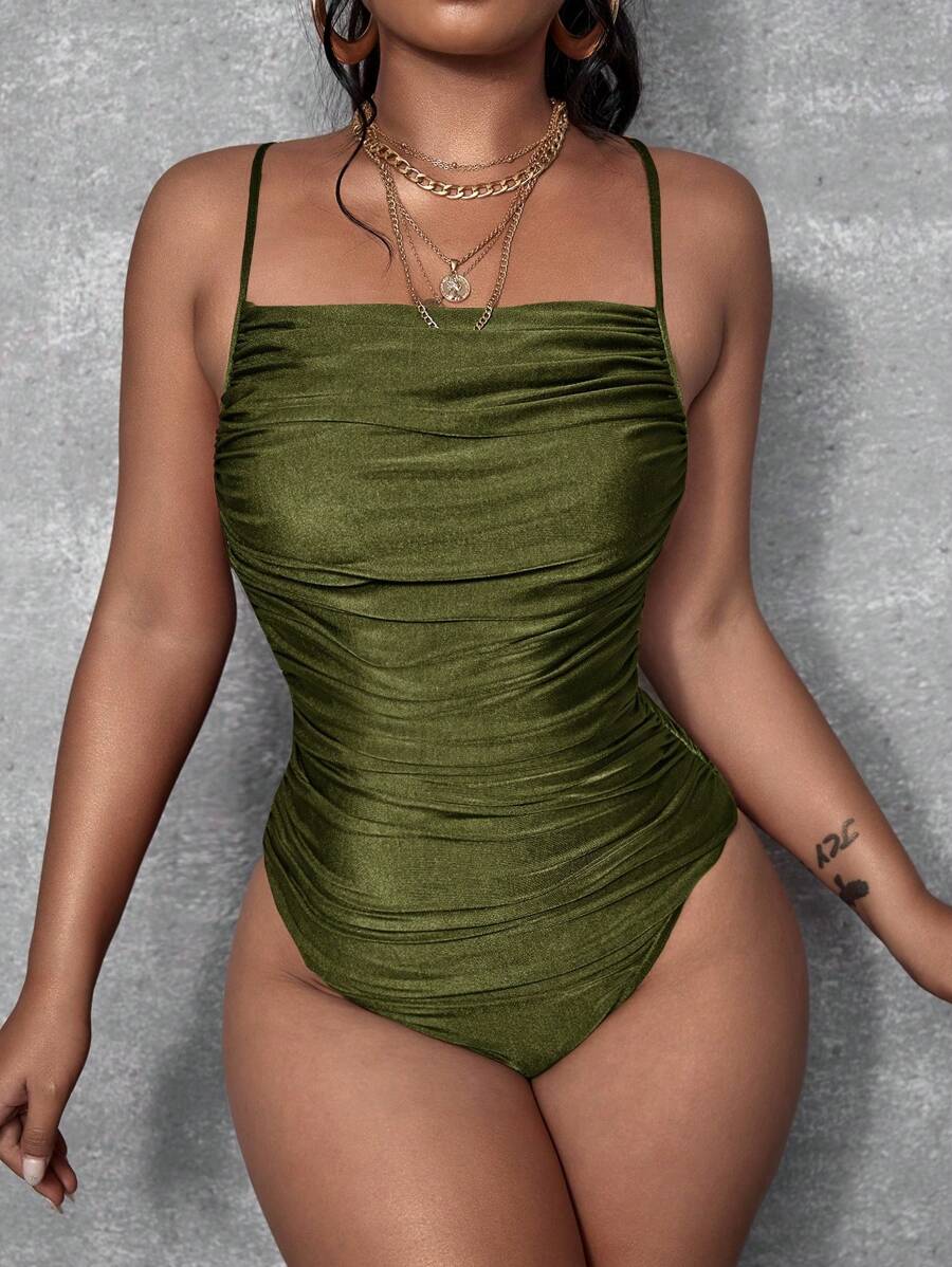 SHEIN SXY Ruched Lace Up Backless Cami Bodysuit - Olive Green - View 1