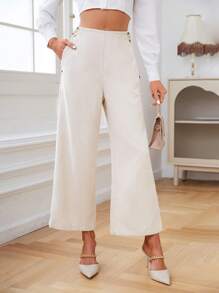 GENKIRA Chi tiết Nút Quần ống rộng - Màu be - Xem 1