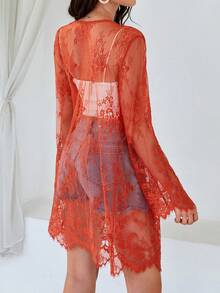 SHEIN VCAY 女士蕾絲長袖和服罩衫 - 鏽棕色 - 查看 2